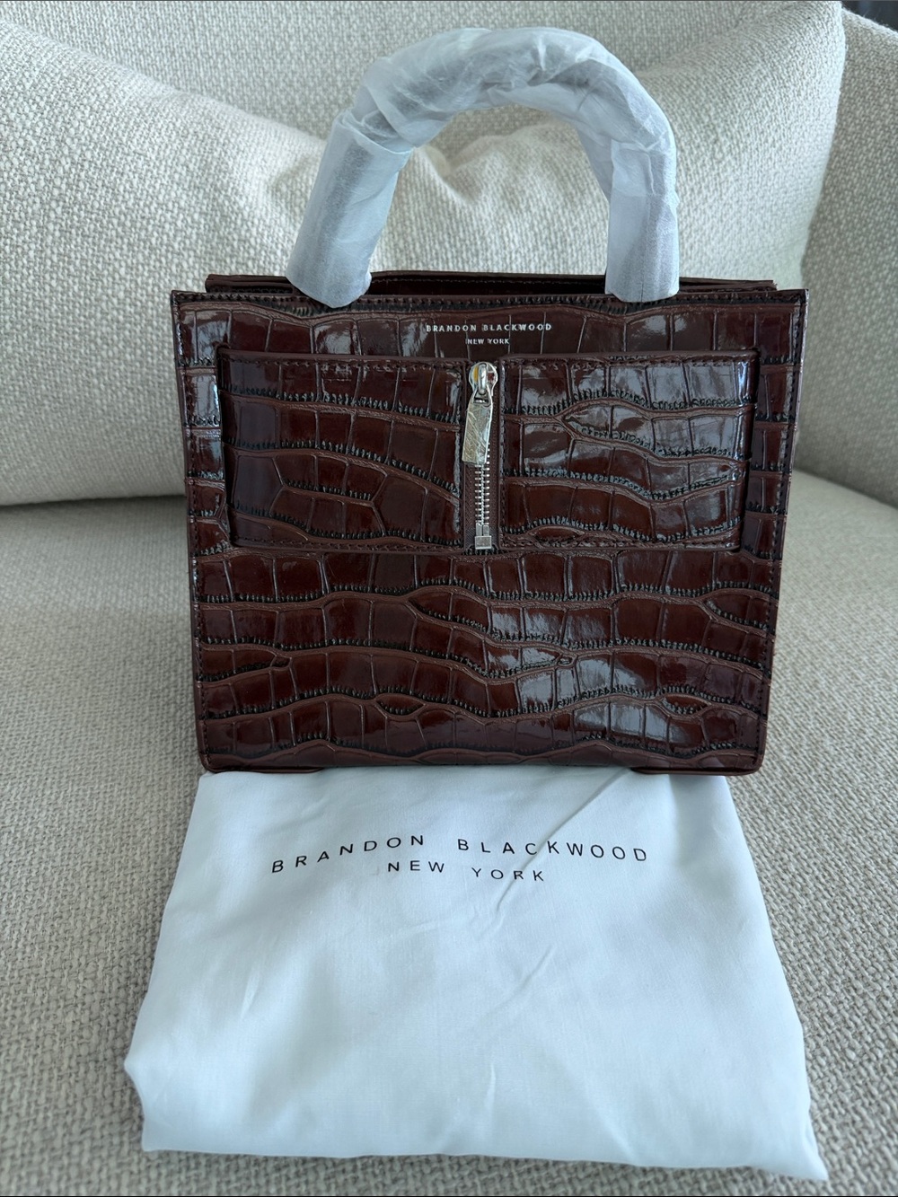 BNNW Brandon Blackwood Dark Brown Croc-Embossed Kuei Bag.